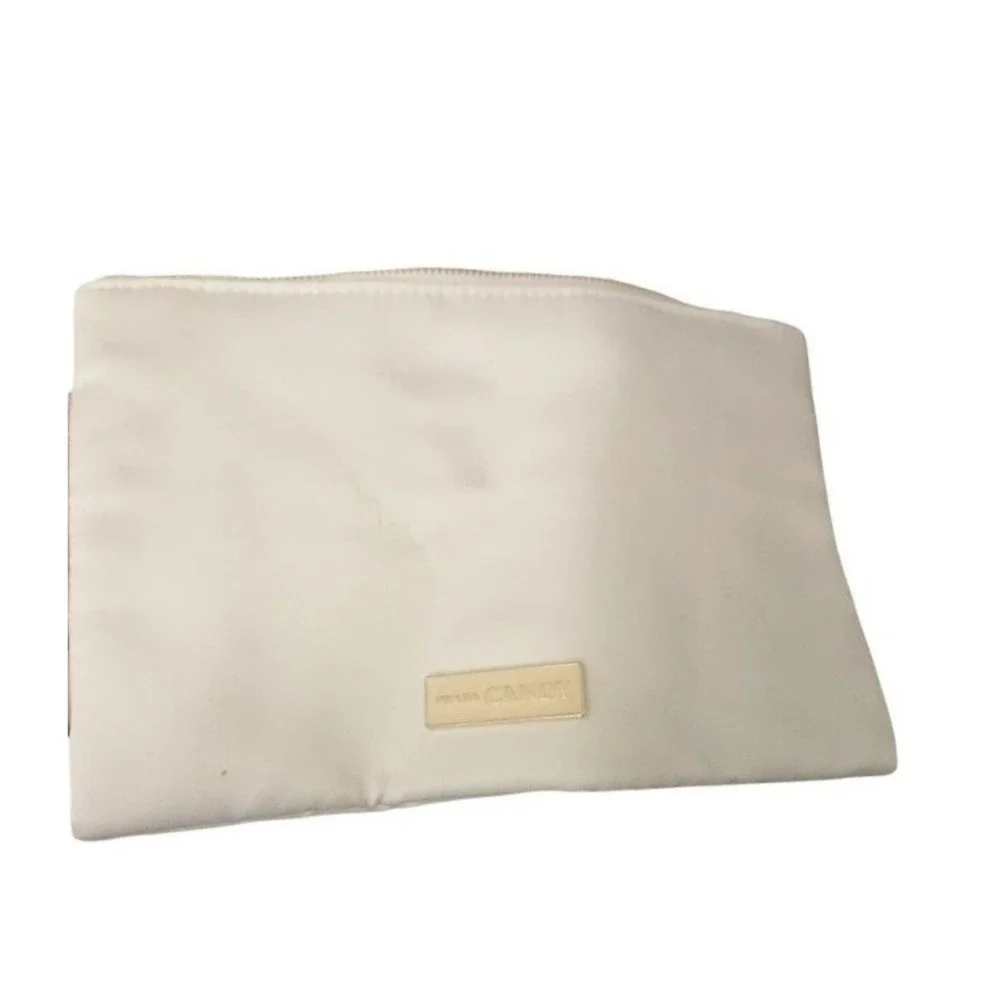 Prada‎ Candy Parfums White Double Zip Cosmetic Makeup Pouch Bag Gold Logo Pouch